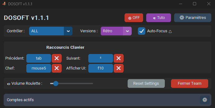 Écran de configuration des raccourcis
